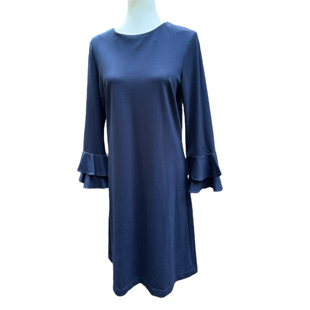 Nora Gardner Navy Bell Sleeve Dress 12 | Office Chic | Made in USA | Career Wear